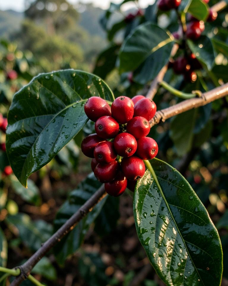 Ripe red coffee cherries growing on a coffee tree