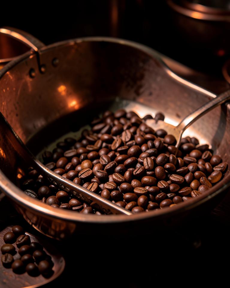 Roasted coffee beans cooling in a copper tray